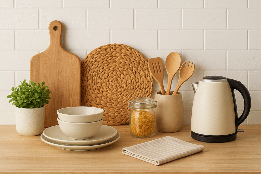 “Modern stainless steel kitchen knife set with wooden block” “Non-stick frying pan with heat-resistant handle for home cooking” “Elegant ceramic dinnerware set in white for family dining” “Compact electric blender for smoothies and shakes” “Luxury cotton bedsheet set with pillow covers for bedroom” “Adjustable office and home study chair with cushion” “Portable coffee maker machine for home and office use” “Eco-friendly bamboo cutting board for kitchen use” “Decorative glass vase centerpiece for living room table” “Multi-layer food storage containers for kitchen organization”